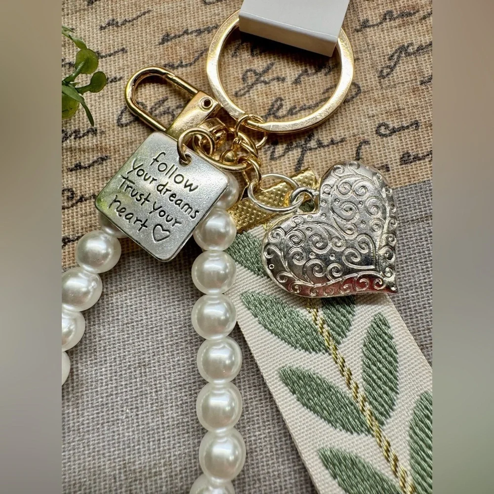 New Leaf, Faux Pearl, Heart Silver & Gold Tone Purse Charm Keychain - 5”